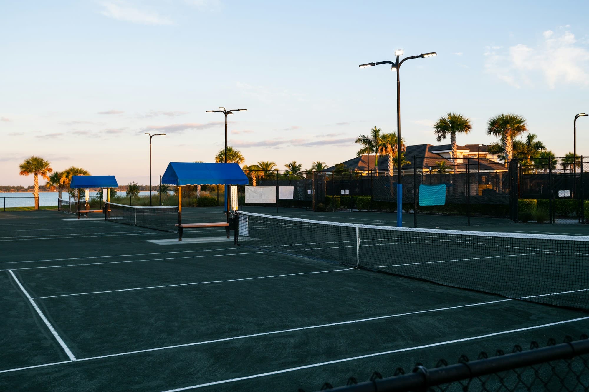 Championship tennis courts in warm evening light