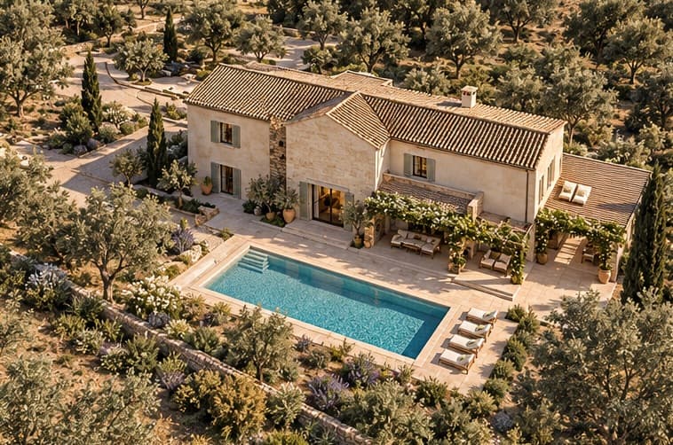 The Olive Court — aerial view of the residence in the landscape