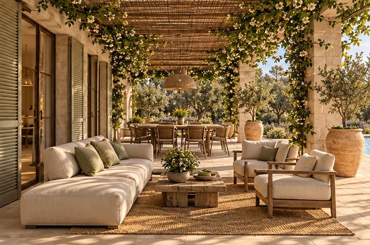 The Olive Court — covered loggia living toward the garden
