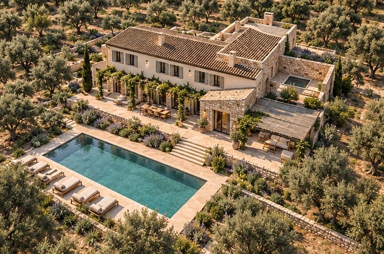 The Stone Gallery — aerial view of the residence among the oaks