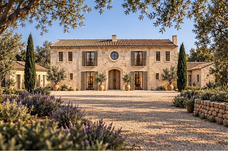 The Heritage Finca — symmetrical stone façade and entrance