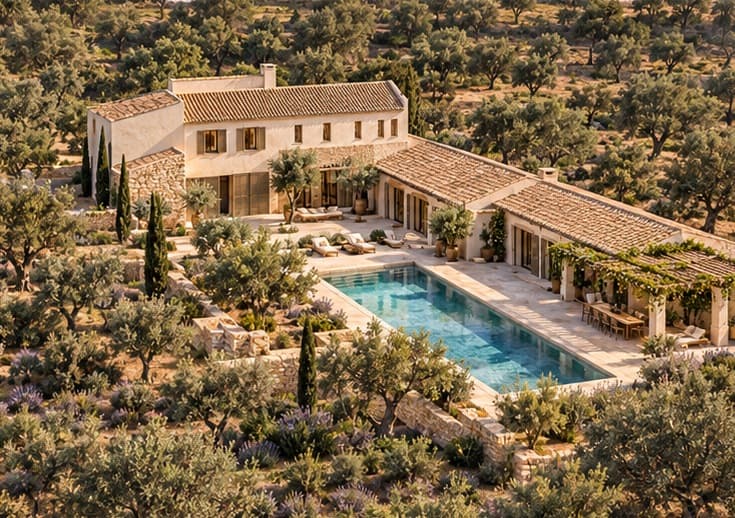 The Courtyard Estate — aerial view of the courtyard ensemble